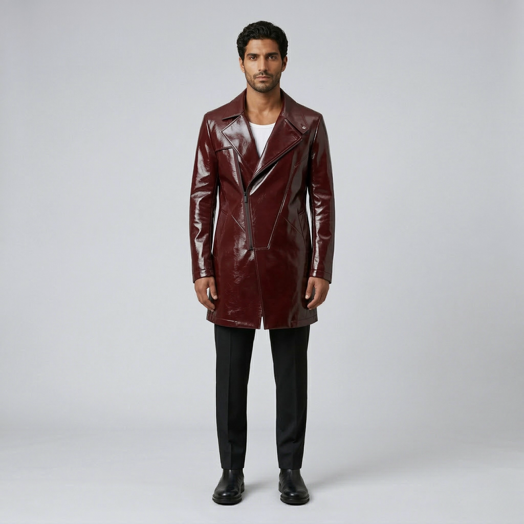 Men's Glossy Faux-Leather Overcoat