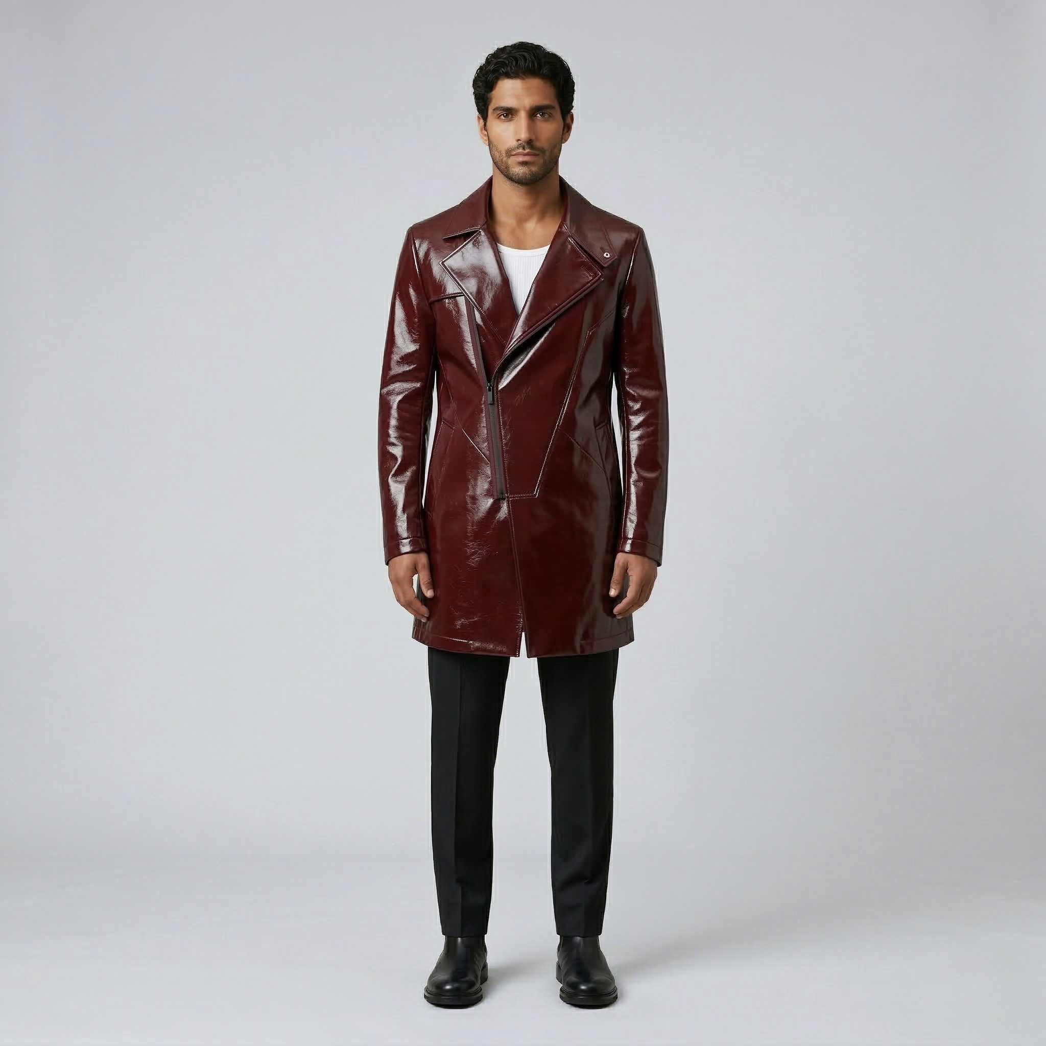 Men's Glossy Faux-Leather Overcoat