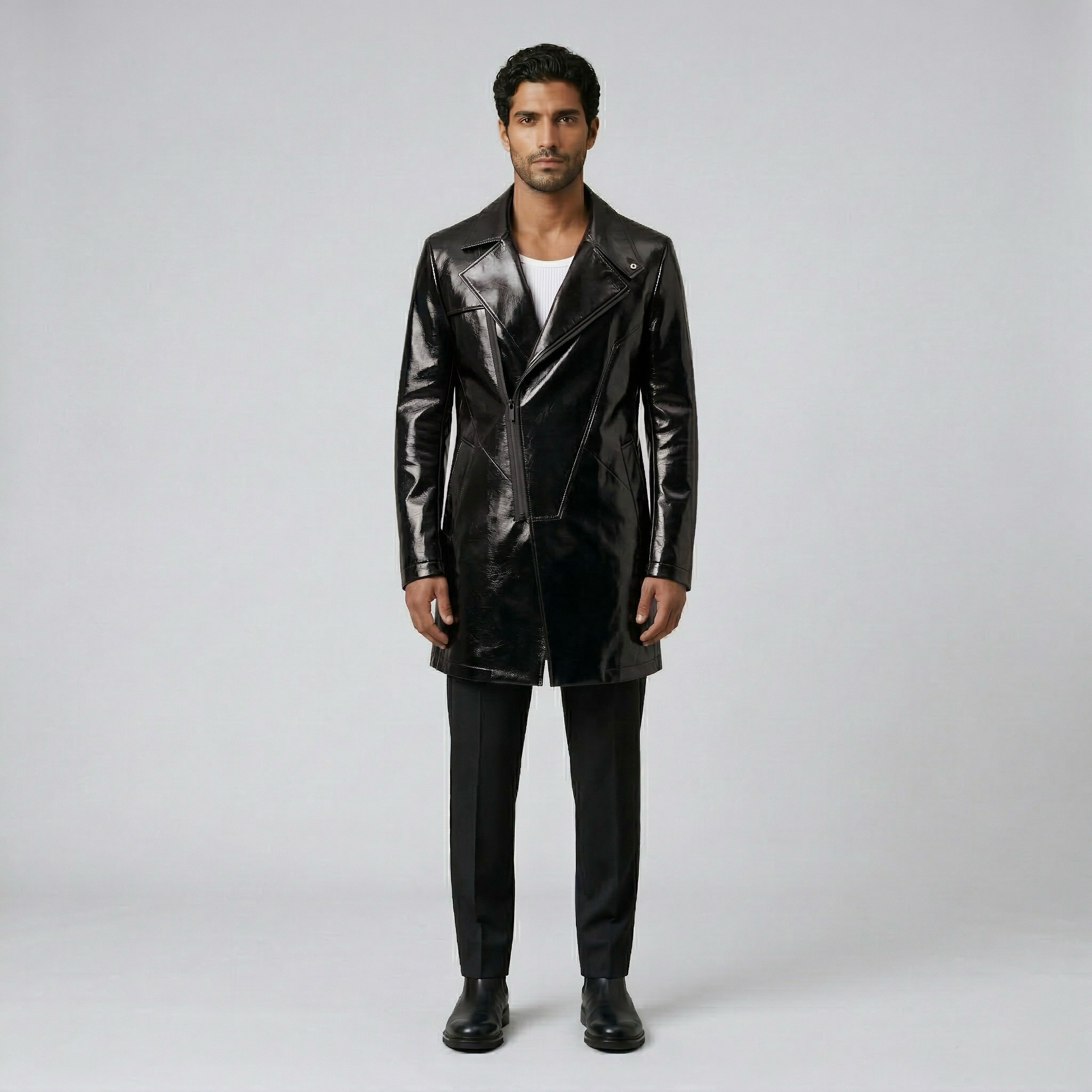 Men's Glossy Faux-Leather Overcoat