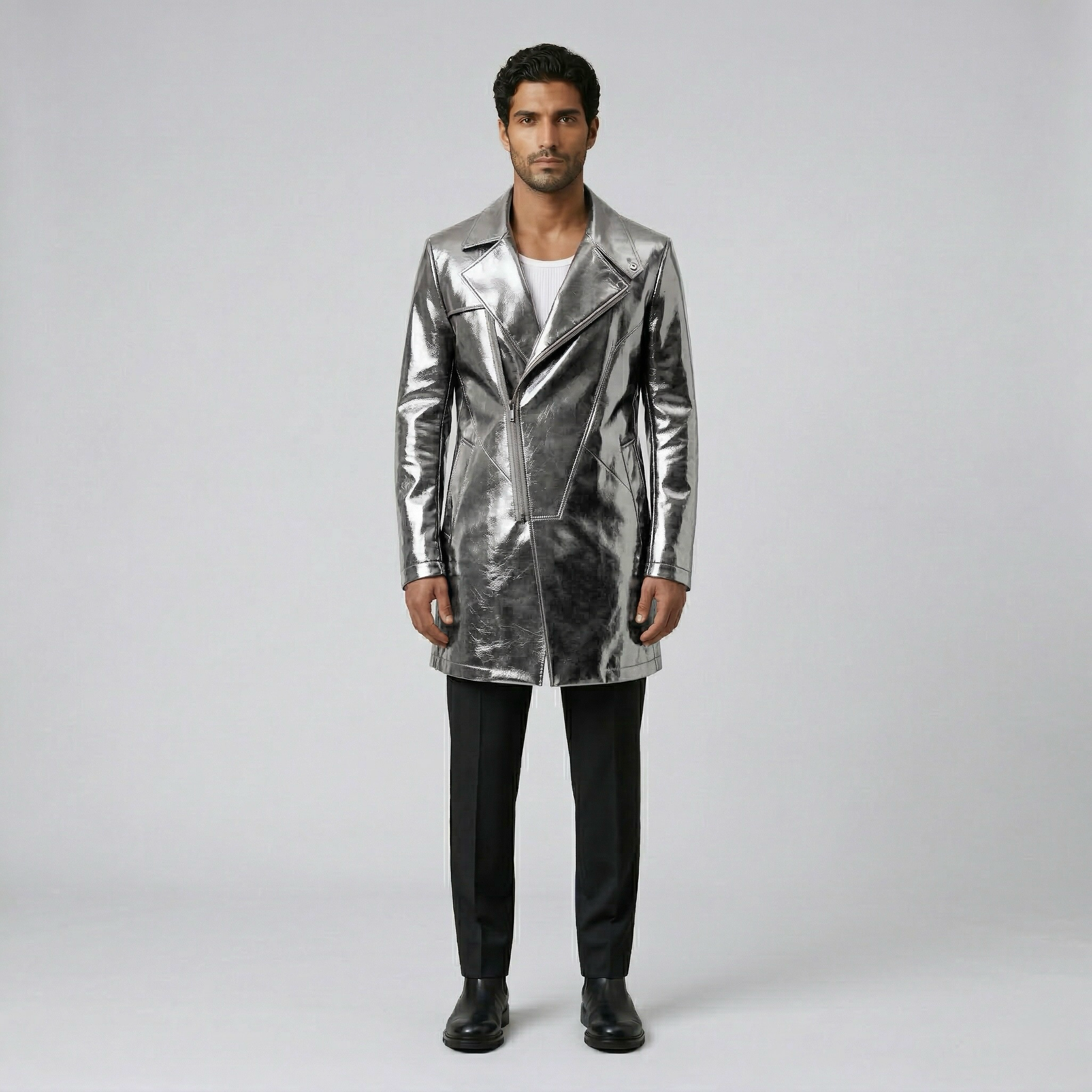 Men's Glossy Faux-Leather Overcoat