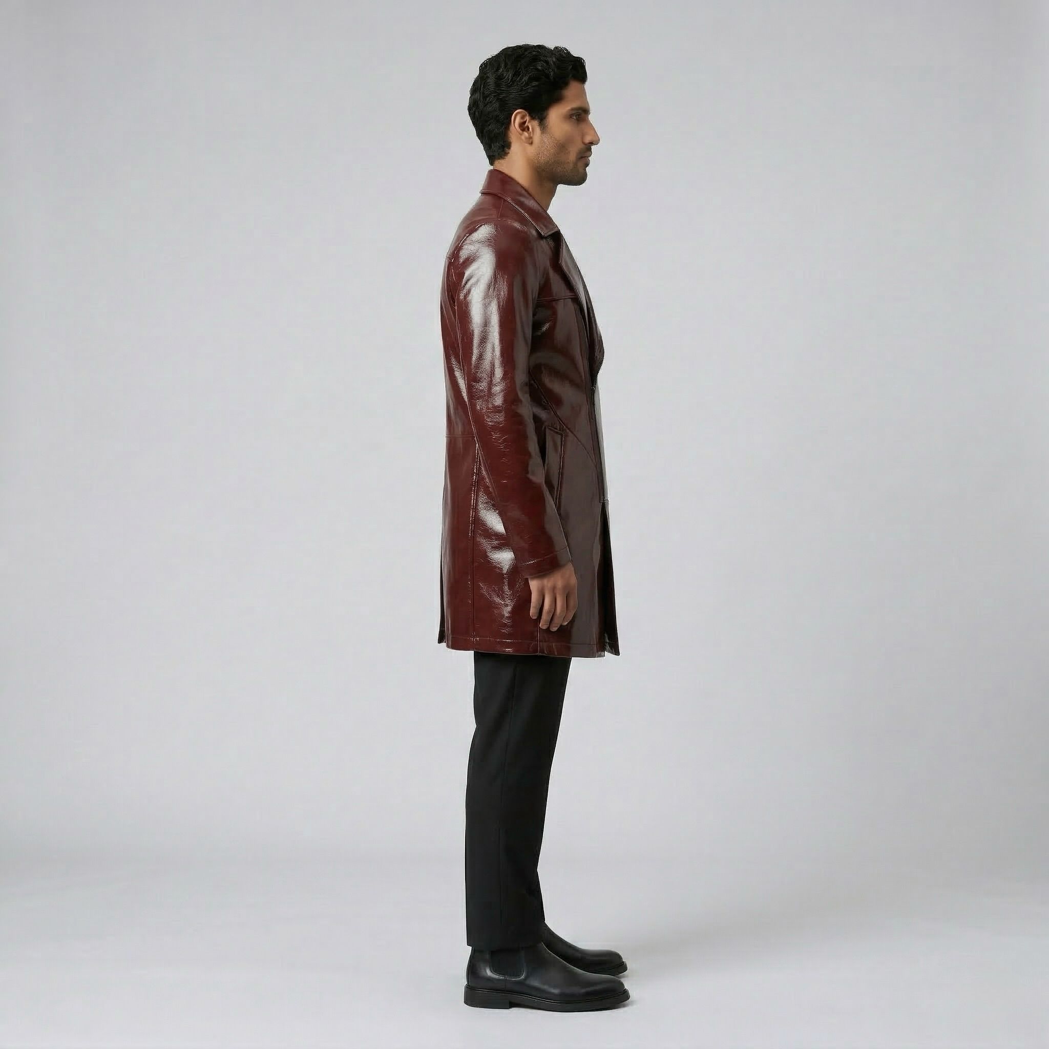 Men's Glossy Faux-Leather Overcoat