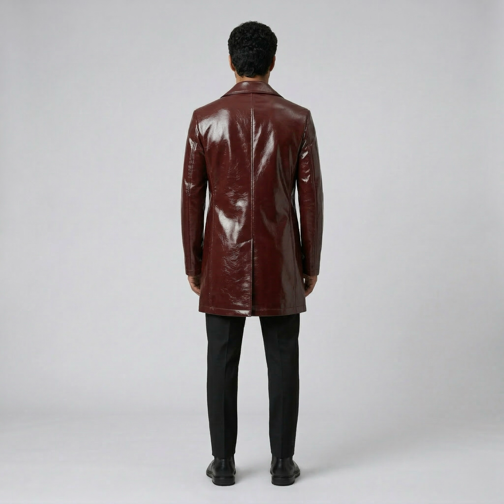 Men's Glossy Faux-Leather Overcoat