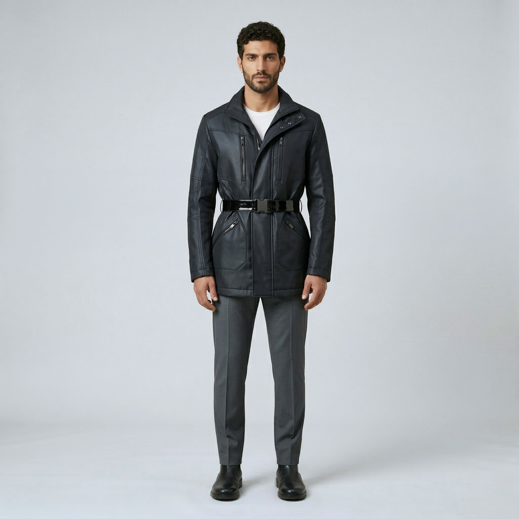 Men's Belted Faux-Leather Moto Jacket