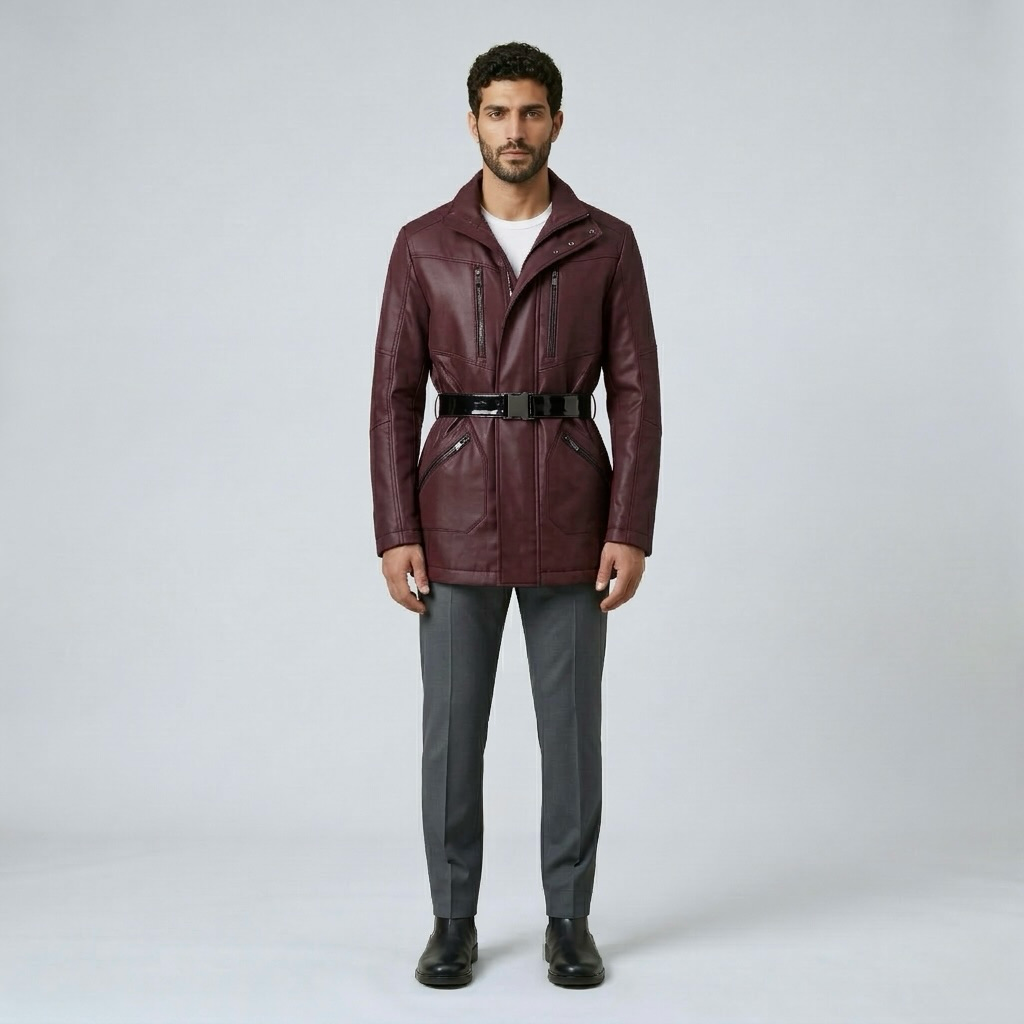 Men's Belted Faux-Leather Moto Jacket