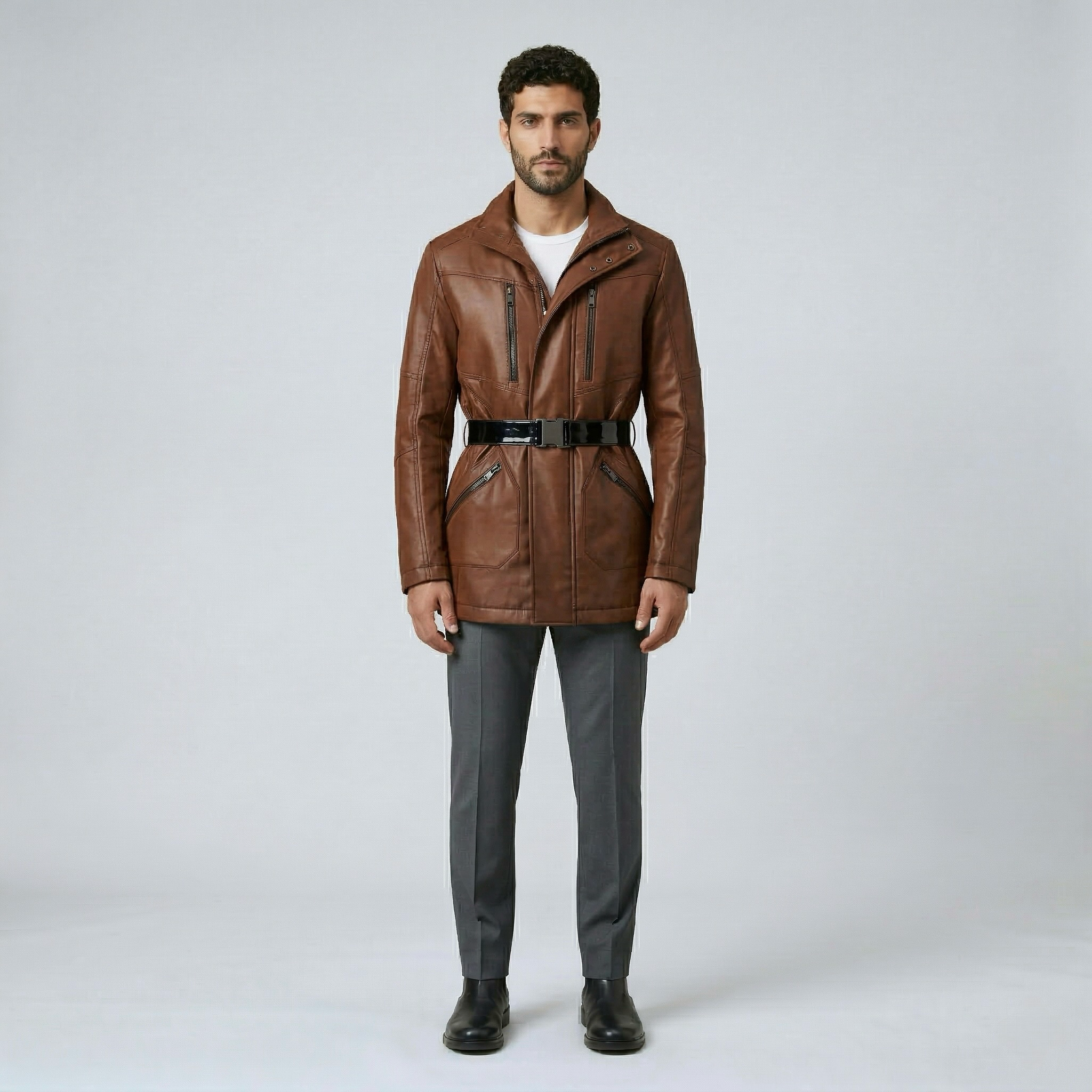 Men's Belted Faux-Leather Moto Jacket
